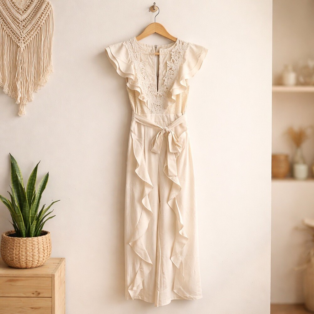 Mulla Jumpsuit Womens Size M Ivory Lace Ruffle Wide-Leg V-Neck Belted bridal - Picture 8 of 14